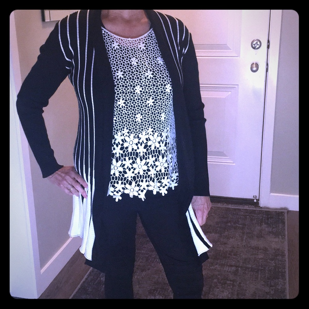 Black and White Open front mid length Cardigan
